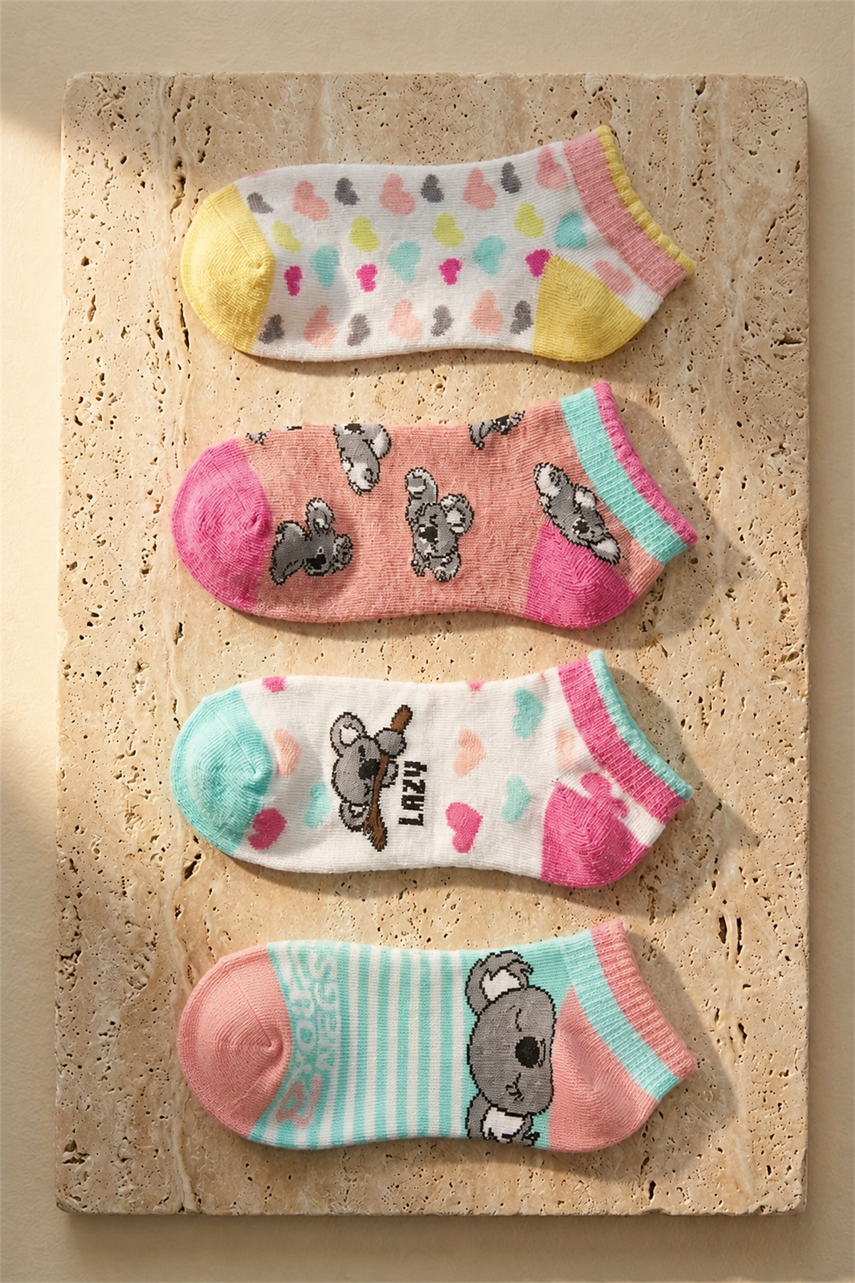 4 lü Paket Lazy Koala Kız Çocuk Patik Çorap Desenli