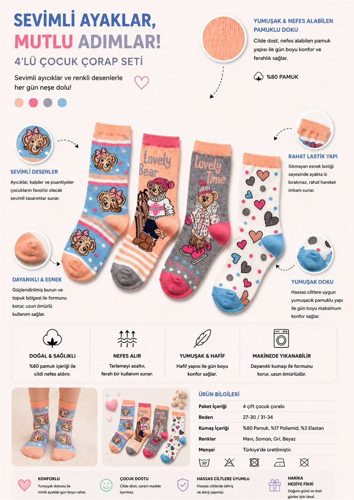 4 lü Paket Lovely Bear Kız Çocuk Soket Çorap Desenli