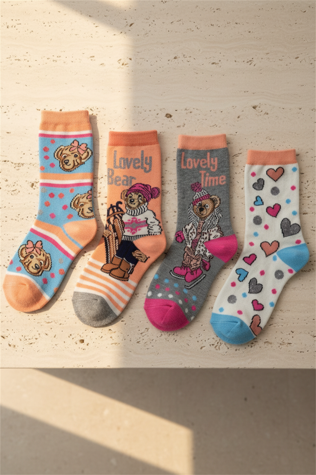 4 lü Paket Lovely Bear Kız Çocuk Soket Çorap Desenli