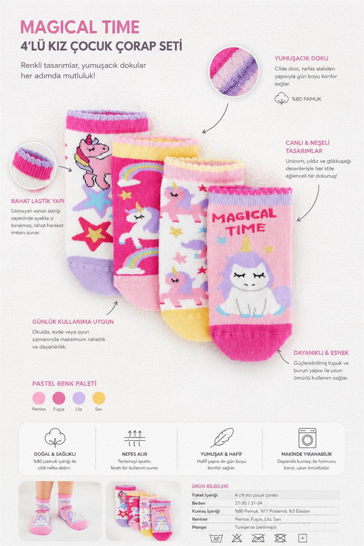 4 lü Paket Magical Time Kız Çocuk Patik Çorap Desenli