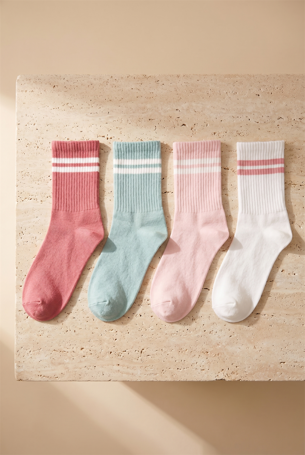4lü Paket Şeritli Kadın Spor Soket Çorap Pembe Desenli