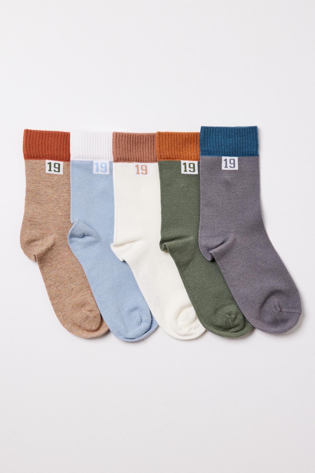 5li Paket Erkek Çocuk Rakam Detaylı Soket Çorap Çok Renkli