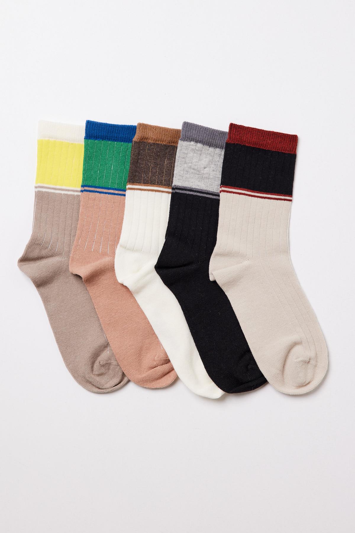 5li Erkek Çocuk  Şerit Detaylı  Soket Çorap Çok Renkli