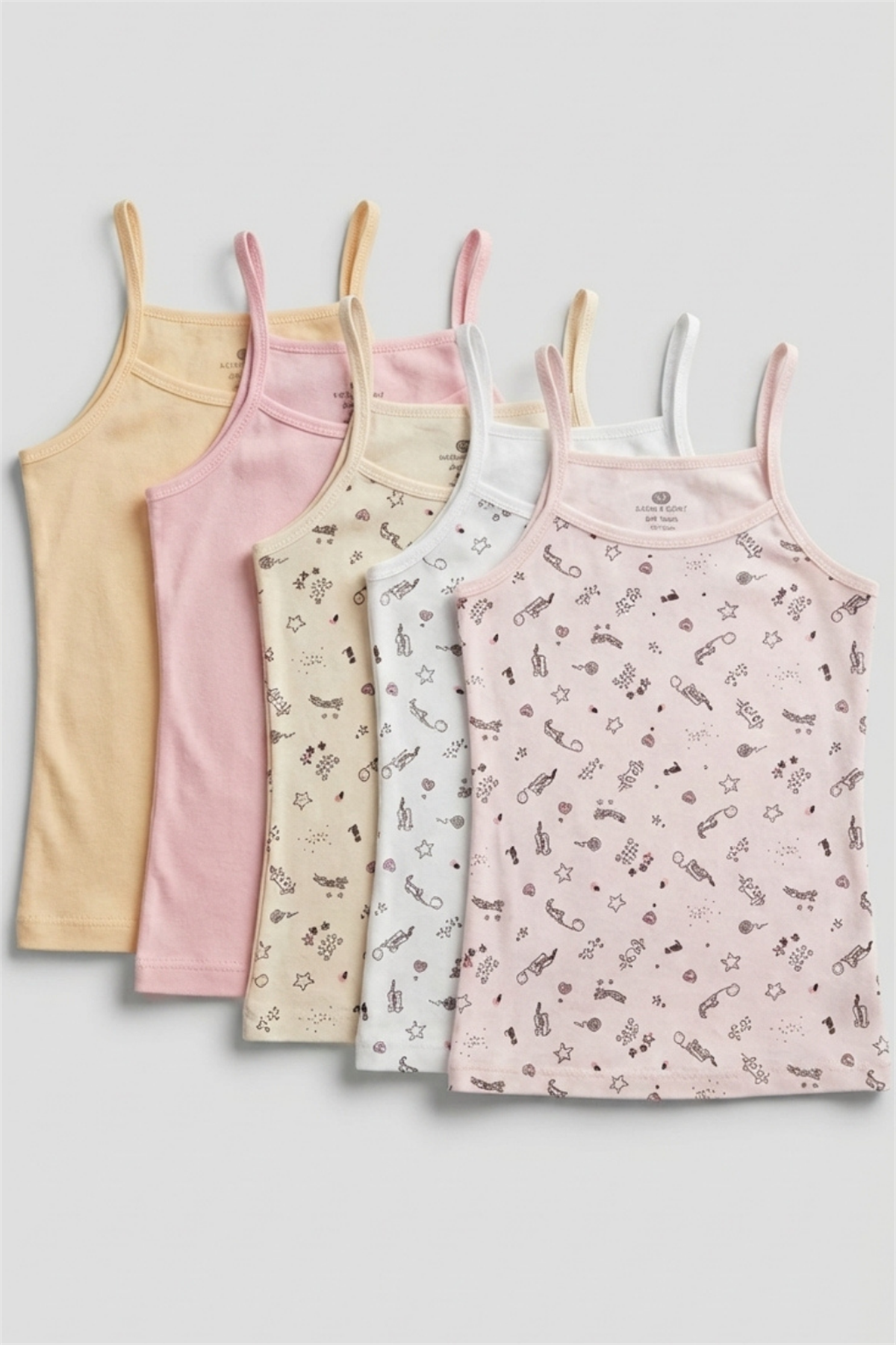 Pack Of 5 Patterned Thin Strap Girls Undershirts Multicolored