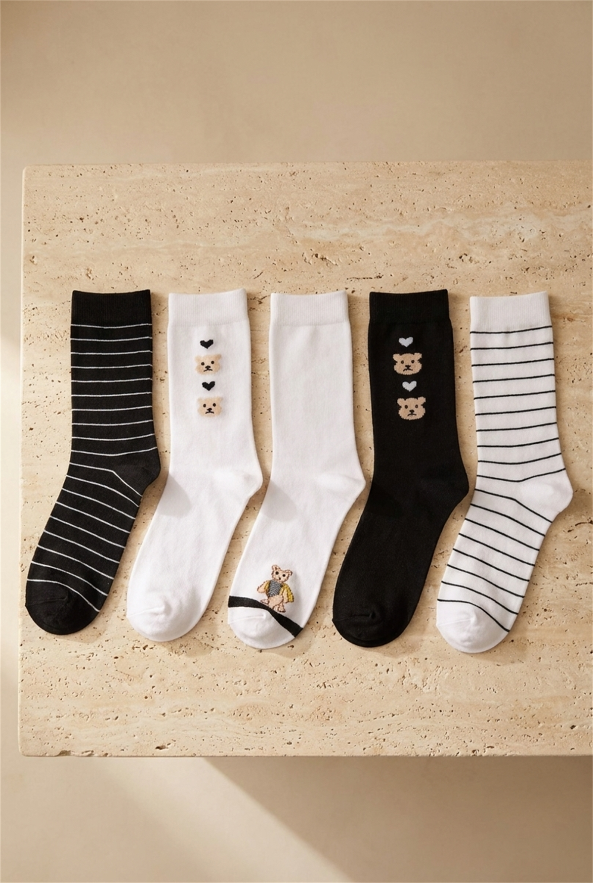 5li Teddy Baskılı Çizgili Soket Çorap