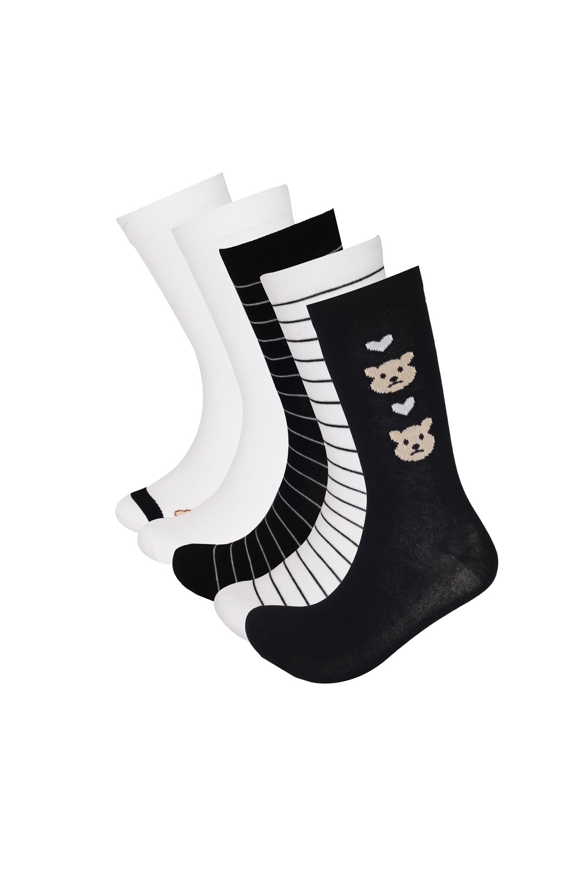 5li Teddy Baskılı Çizgili Soket Çorap