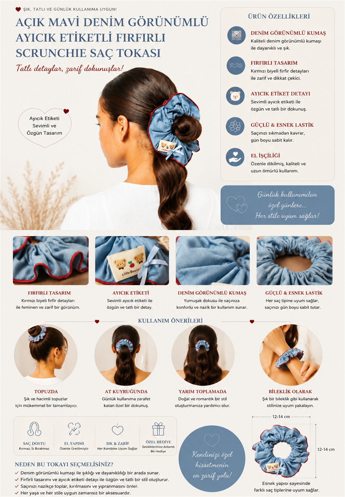 Açık Mavi Denim Görünümlü Ayıcık Etiketli Fırfırlı Scrunchie Saç Tokası