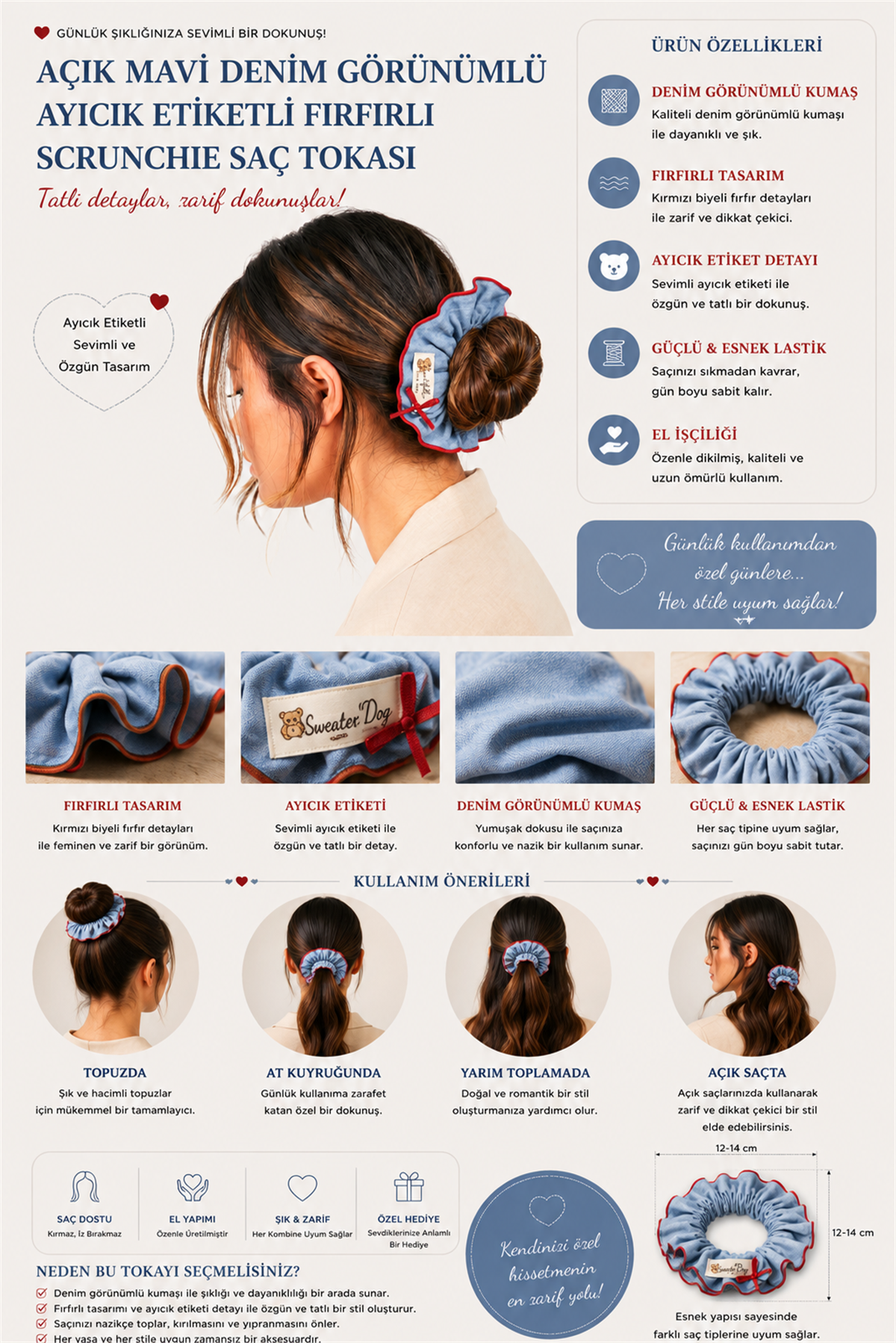 Açık Mavi Denim Görünümlü Fırfırlı Scrunchie Saç Tokası
