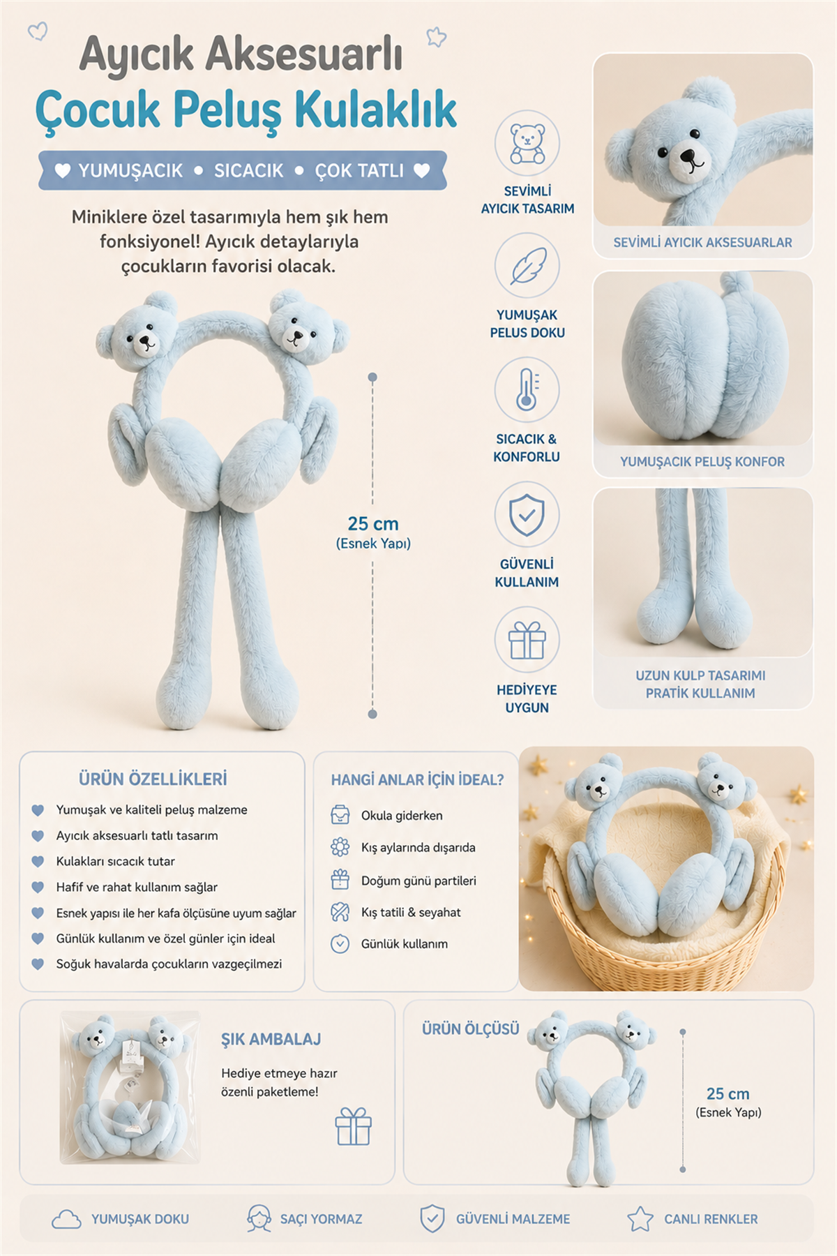 Ayıcık Aksesuarlı Çocuk Peluş Kulaklık Mavi