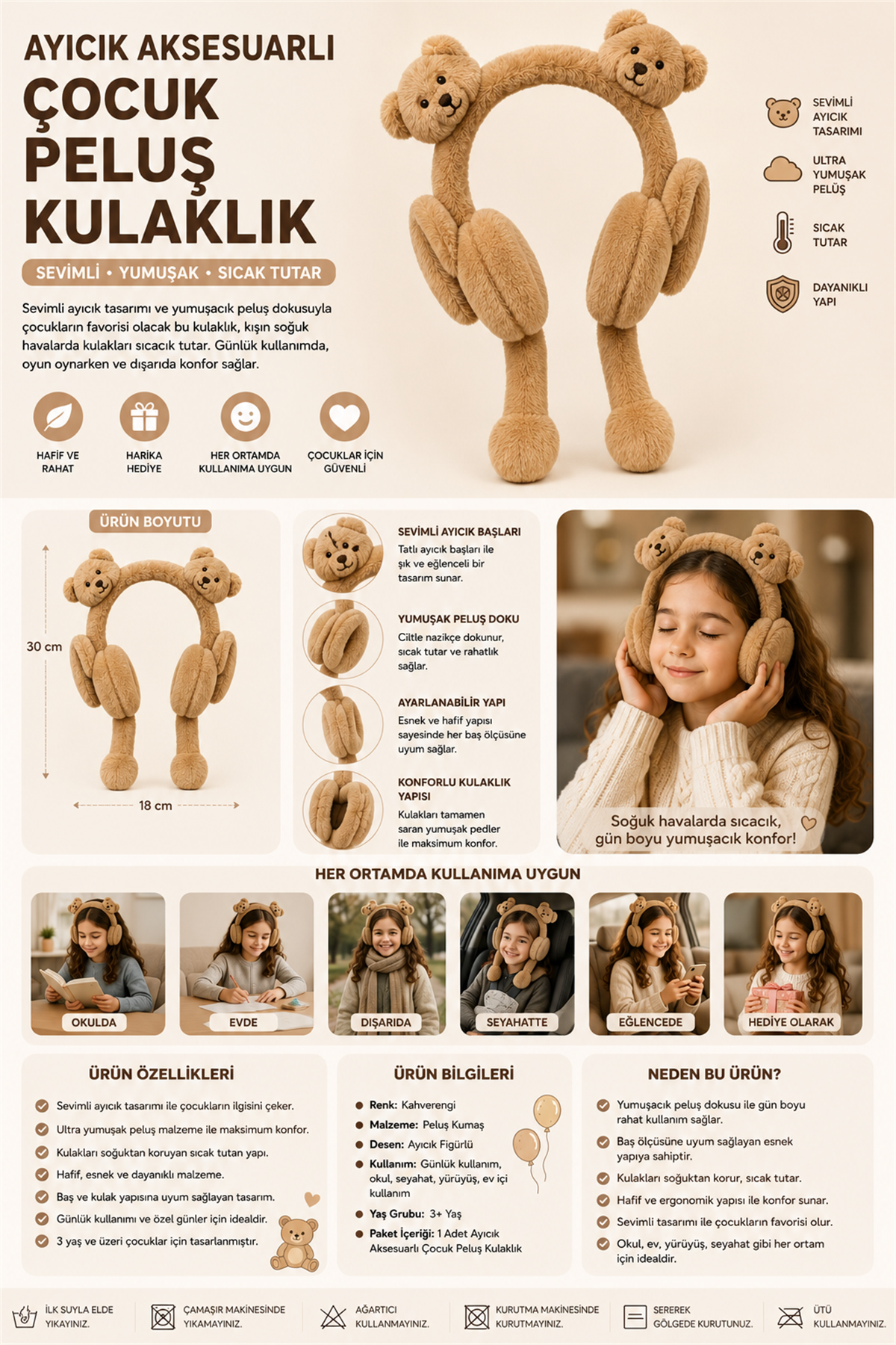 Ayıcık Aksesuarlı Çocuk Peluş Kulaklık Kahverengi
