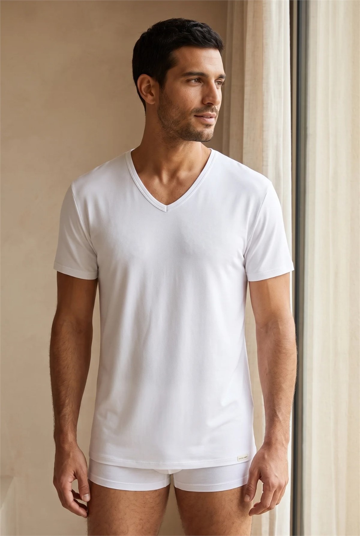 Basic Modal  V Yaka Erkek Tshirt Beyaz