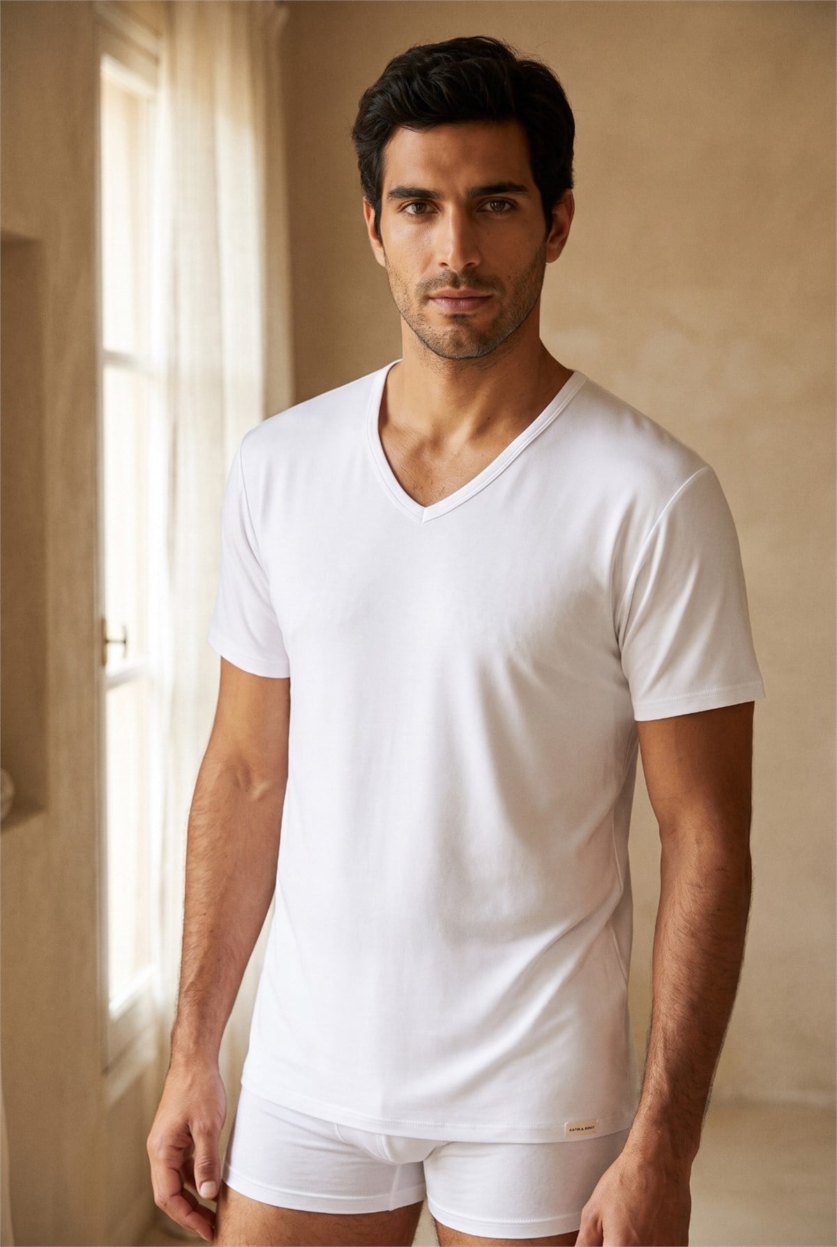 Basic Modal  V Yaka Erkek Tshirt Beyaz