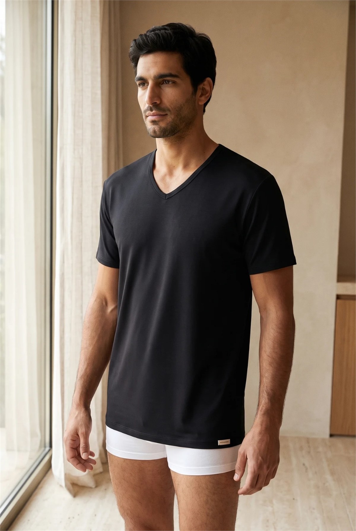 Basic Modal  V Yaka Erkek Tshirt Siyah