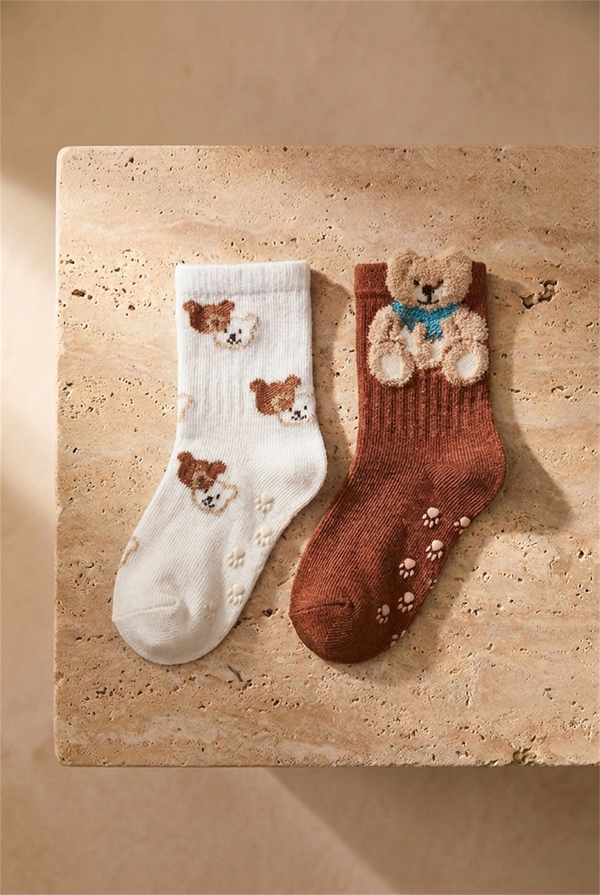 Bebek 2 li Paket Teddy Baskılı Soket Çorap Ekru-Koyu Kahverengi