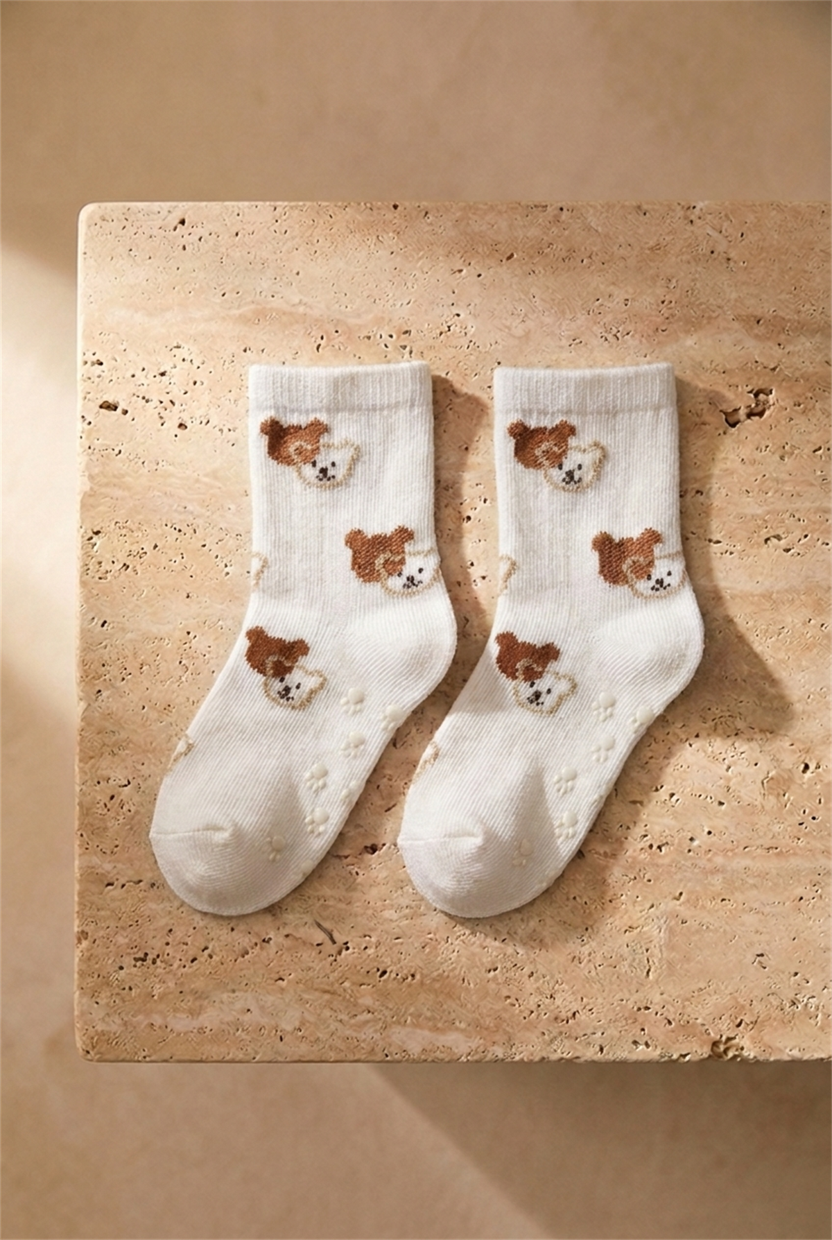 Bebek 2 li Paket Teddy Baskılı Soket Çorap Ekru-Koyu Kahverengi