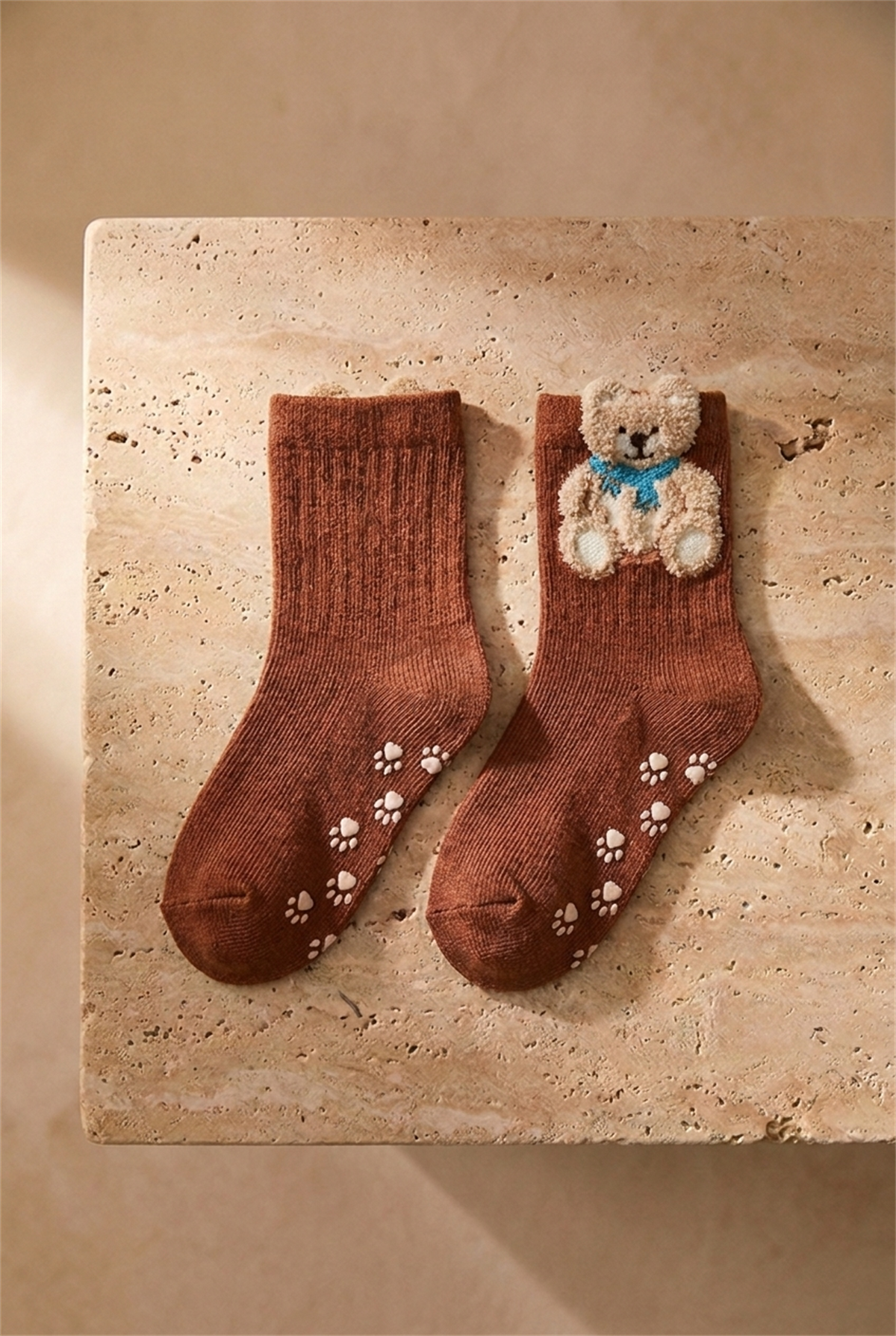 Bebek 2 li Paket Teddy Baskılı Soket Çorap Ekru-Koyu Kahverengi