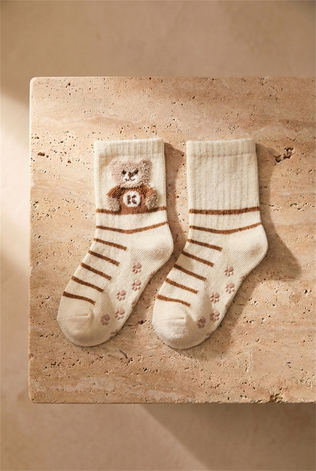Bebek 2 li Paket Teddy Baskılı Soket Çorap Ekru-Açık Kahverengi