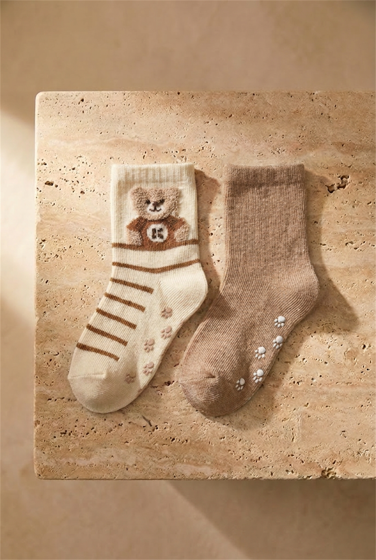 Bebek 2 li Paket Teddy Baskılı Soket Çorap Ekru-Açık Kahverengi