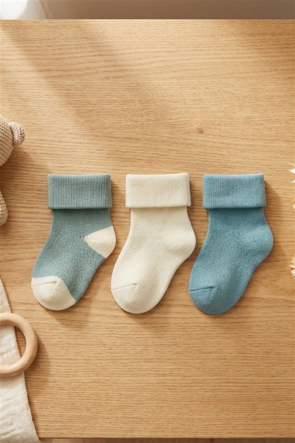 Bebek 3lü Havlu Soket Çorap Mint-Ekru-Yeşil