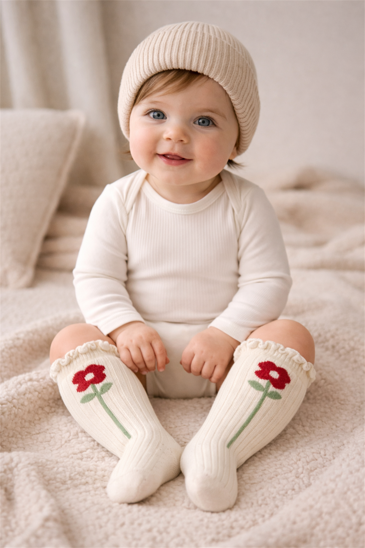 Bebek Çiçek Desenli Soket Çorap Ekru