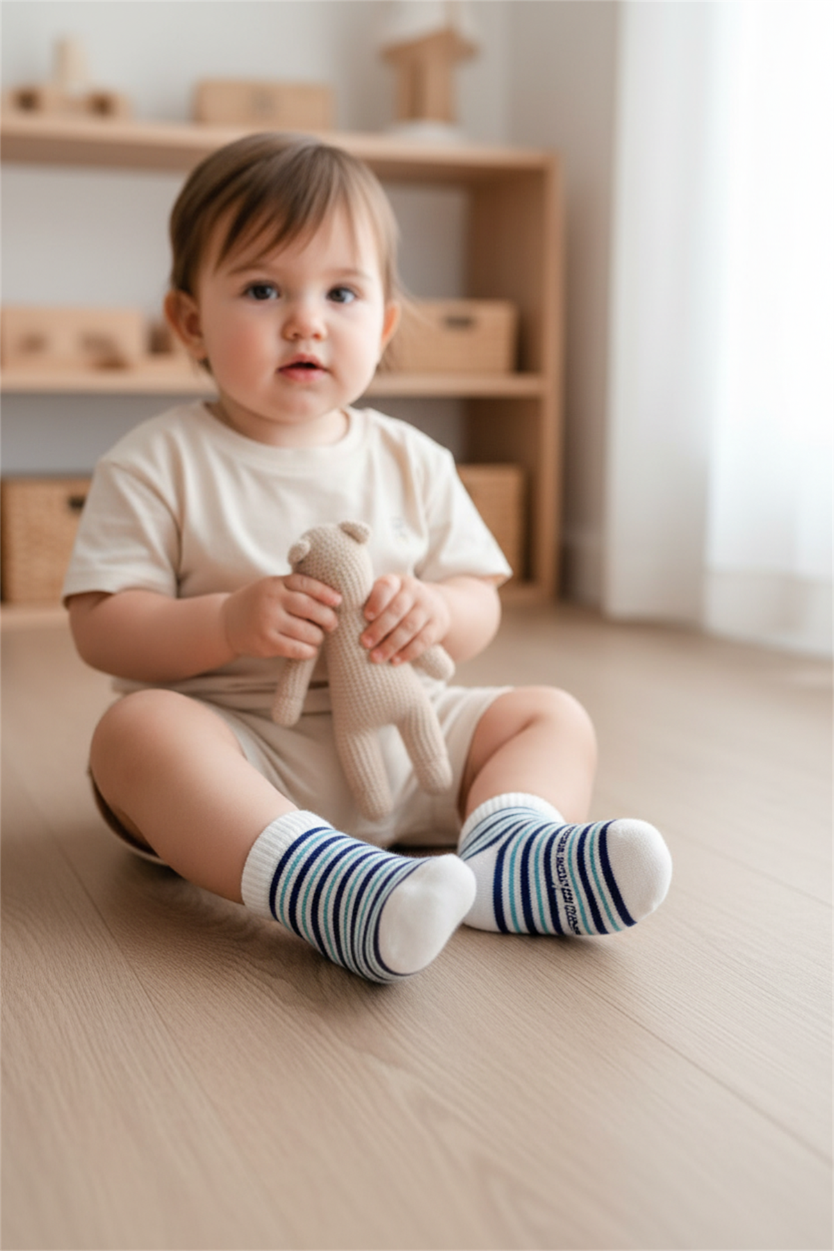 Bebek Çizgili Step Çorap Ekru