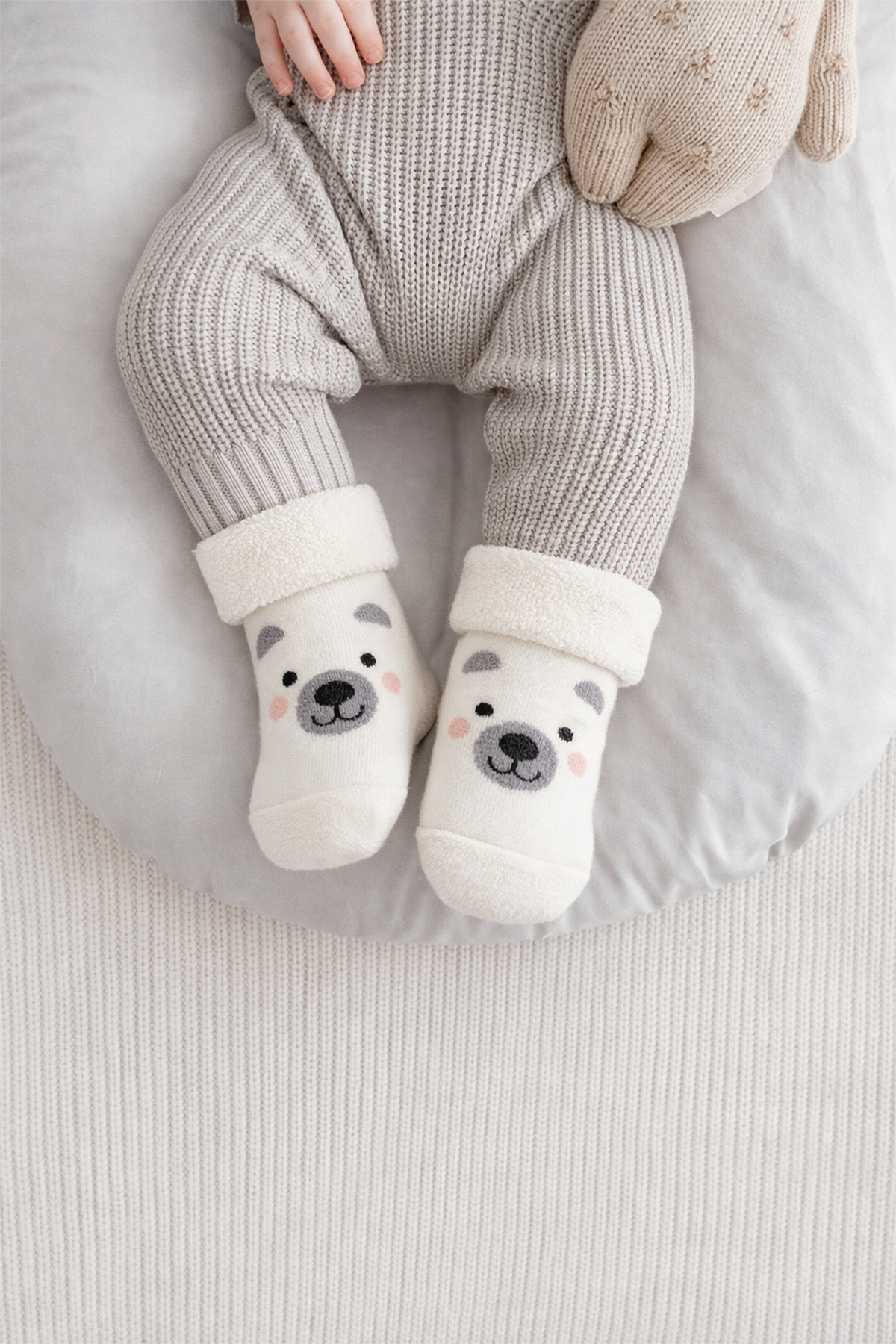 Bebek Hayvan Desenli Havlu Soket Çorap Ekru