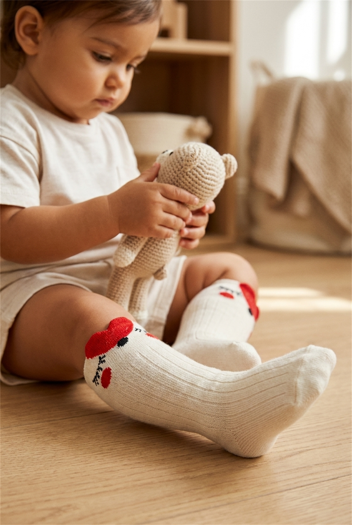 Bebek Kalp Detaylı Dizaltı Çorap Ekru