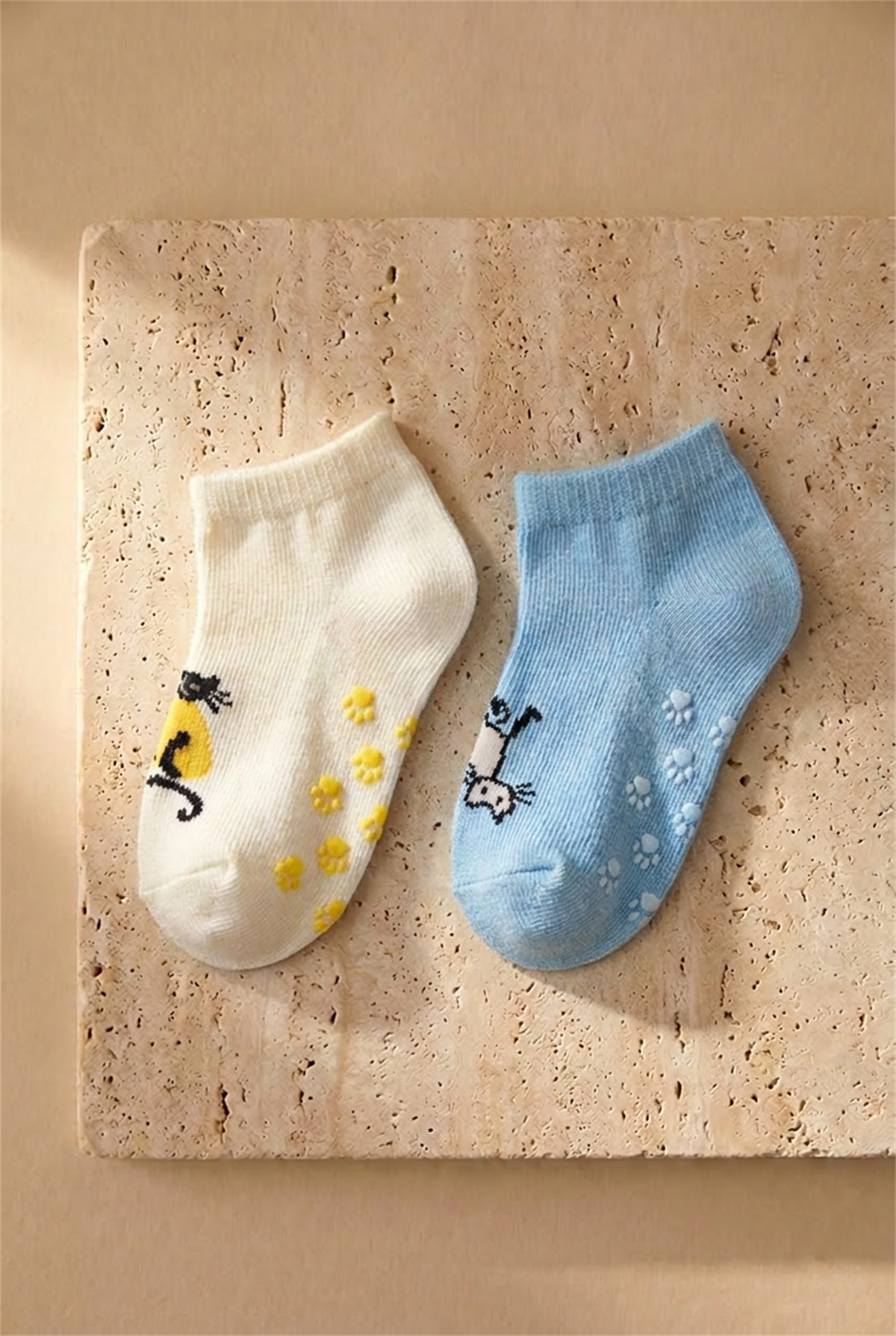 Baby Cat Patterned 2-Pair Step Socks Ecru-Blue