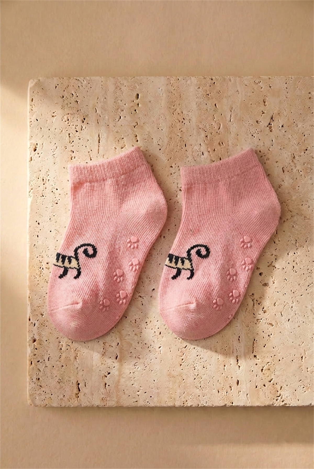 Baby Cat Patterned 2-Piece Step Socks Pink-Brown