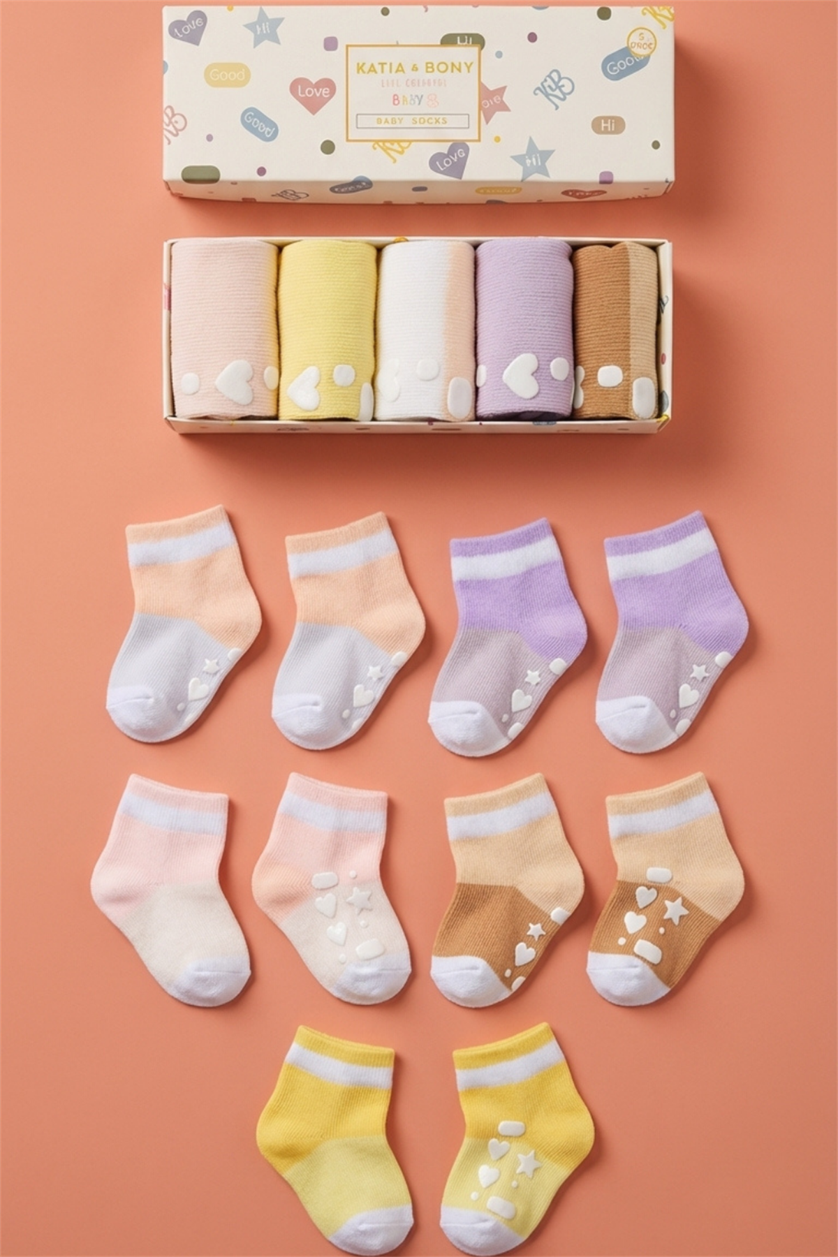 Bebek Şerit Desenli Tabanı Kalp Baskılı 5li Kutulu Soket Çorap