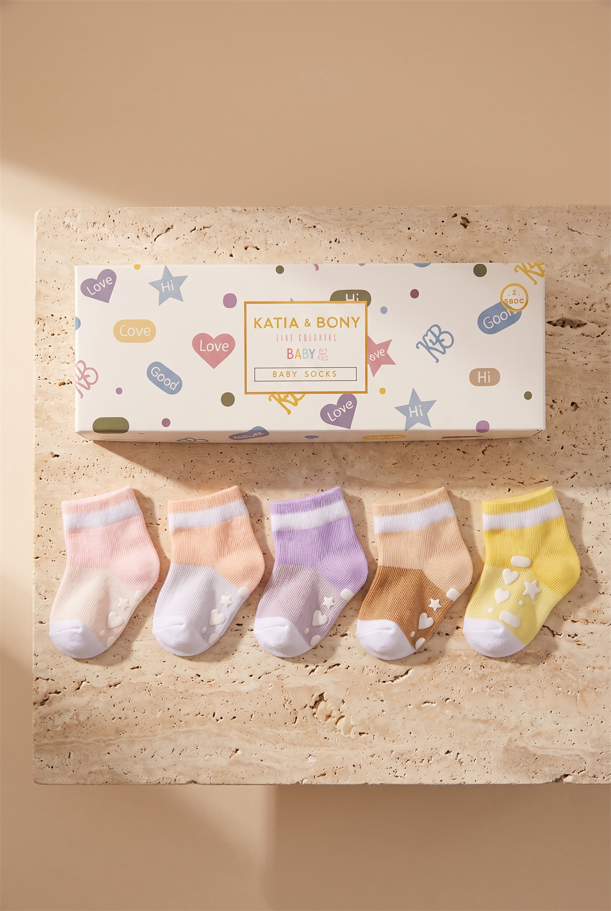 Baby Stripe Patterned Socket Socks With Heart Printed Soles İn A Box Of 5
