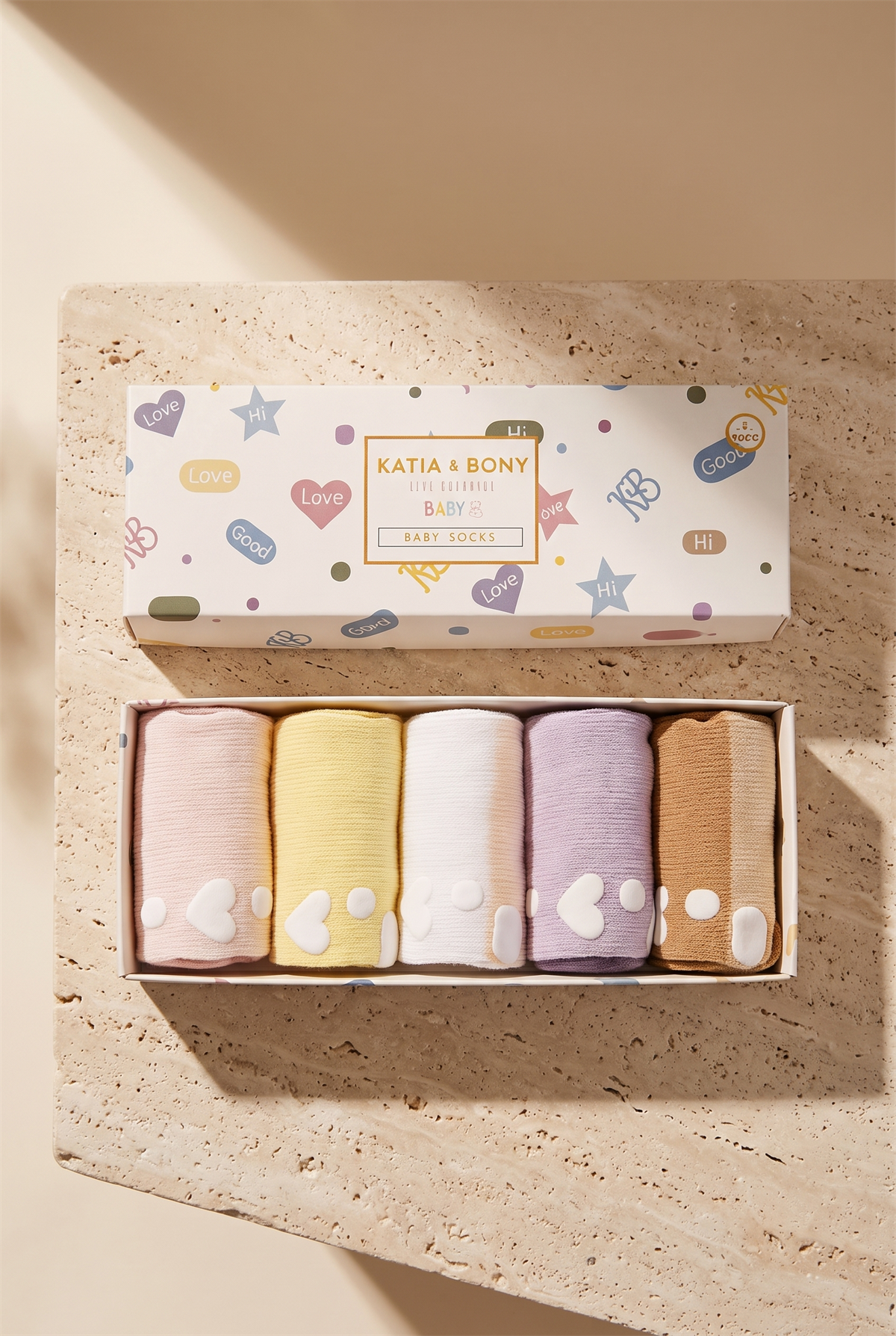 Baby Stripe Patterned Socket Socks With Heart Printed Soles İn A Box Of 5