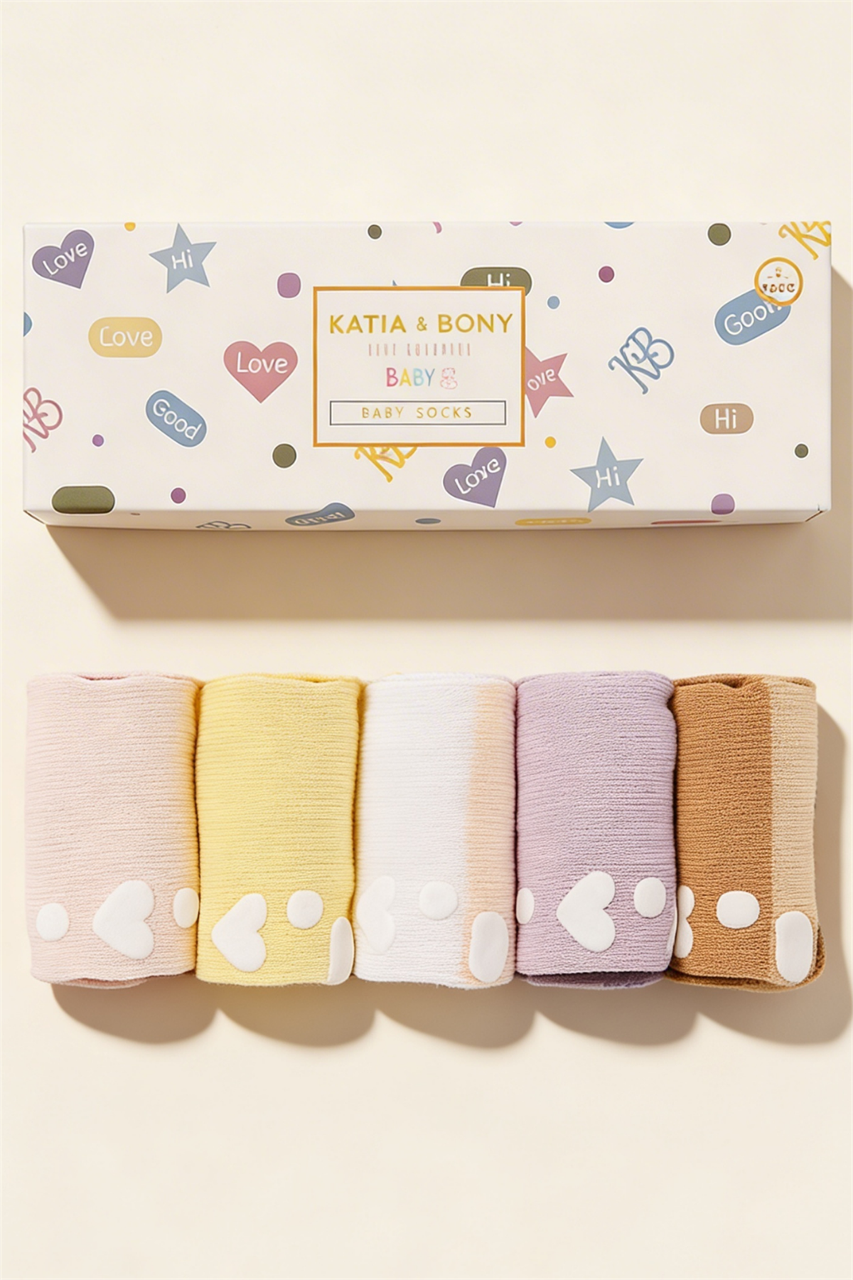 Bebek Şerit Desenli Tabanı Kalp Baskılı 5li Kutulu Soket Çorap