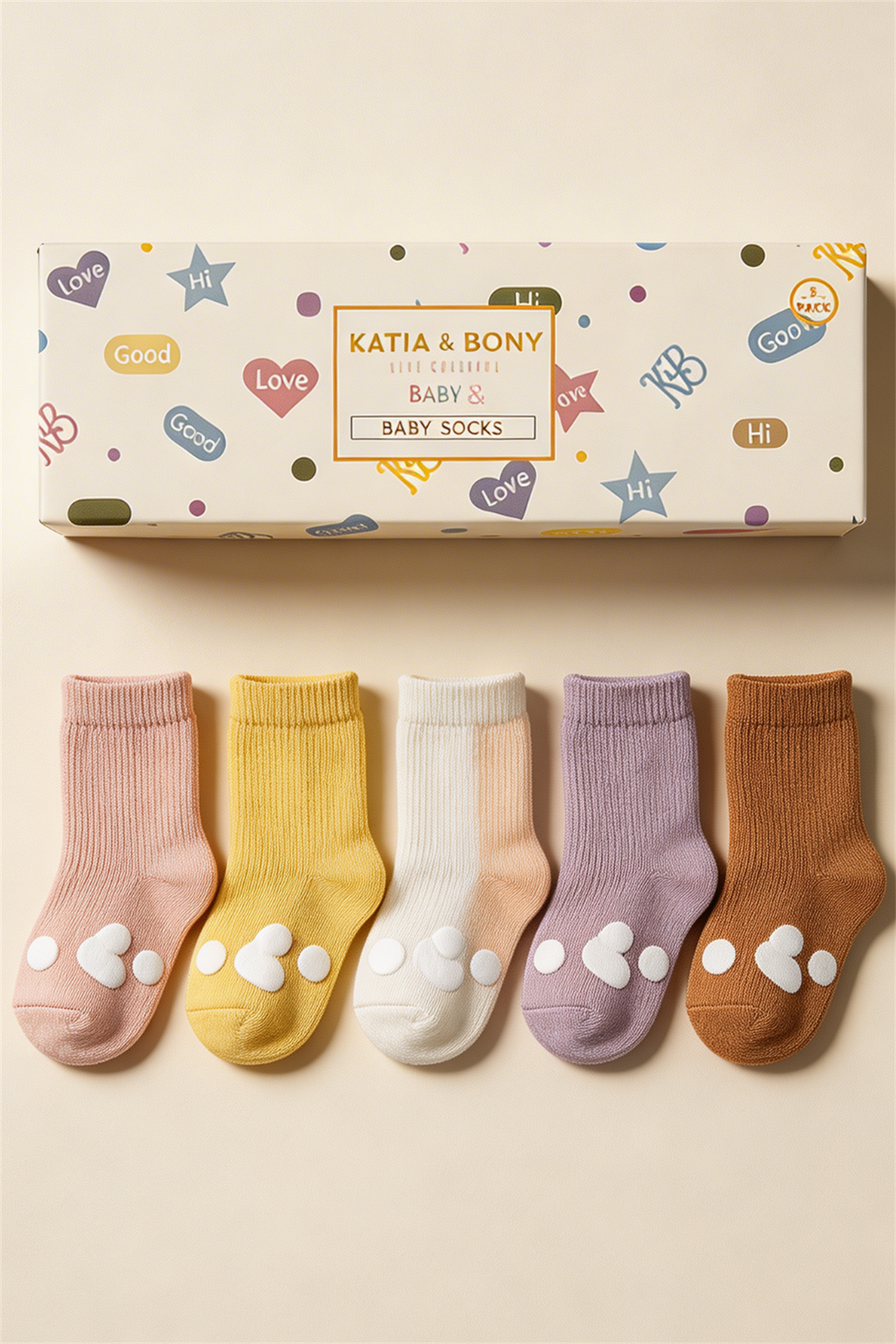Bebek Şerit Desenli Tabanı Kalp Baskılı 5li Kutulu Soket Çorap