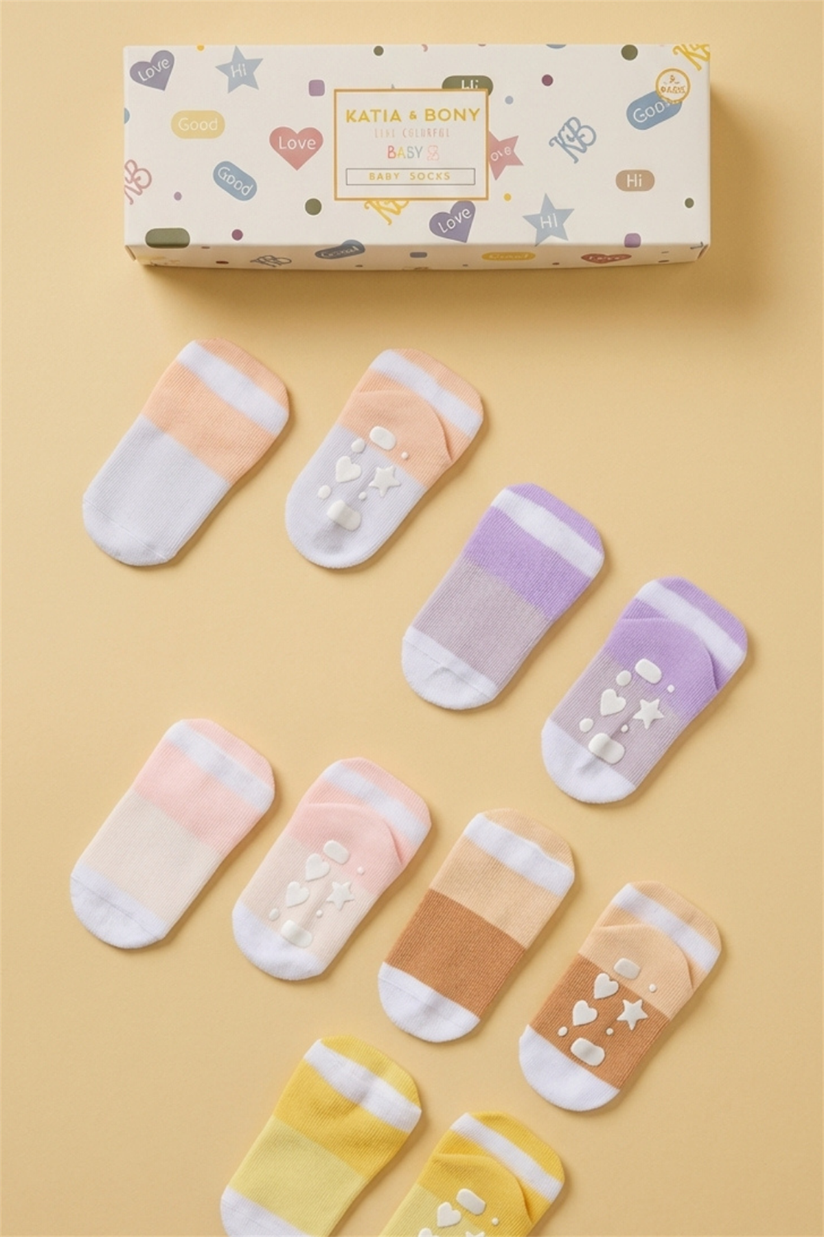 Bebek Şerit Desenli Tabanı Kalp Baskılı 5li Kutulu Soket Çorap