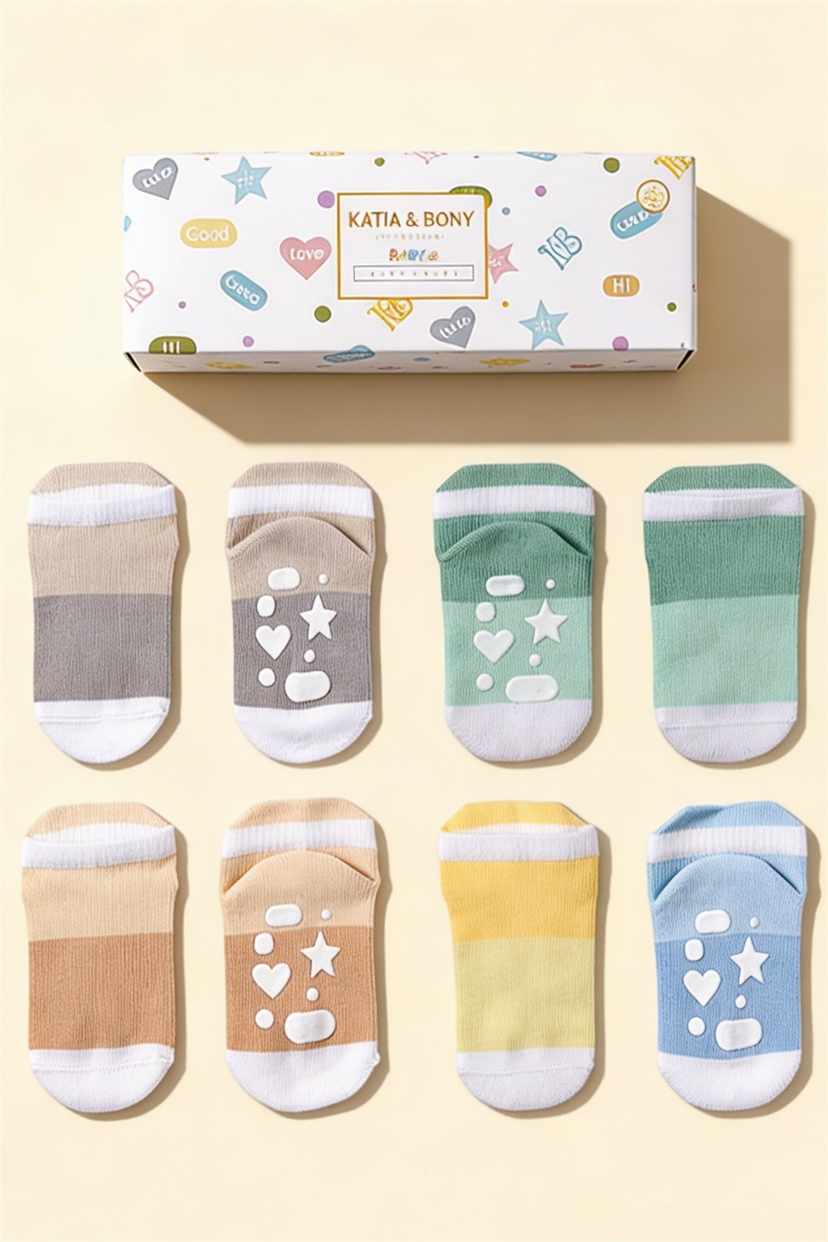 Bebek Şerit Desenli Tabanı Kalp Detaylı 5li Paket Kutulu Patik Çorap