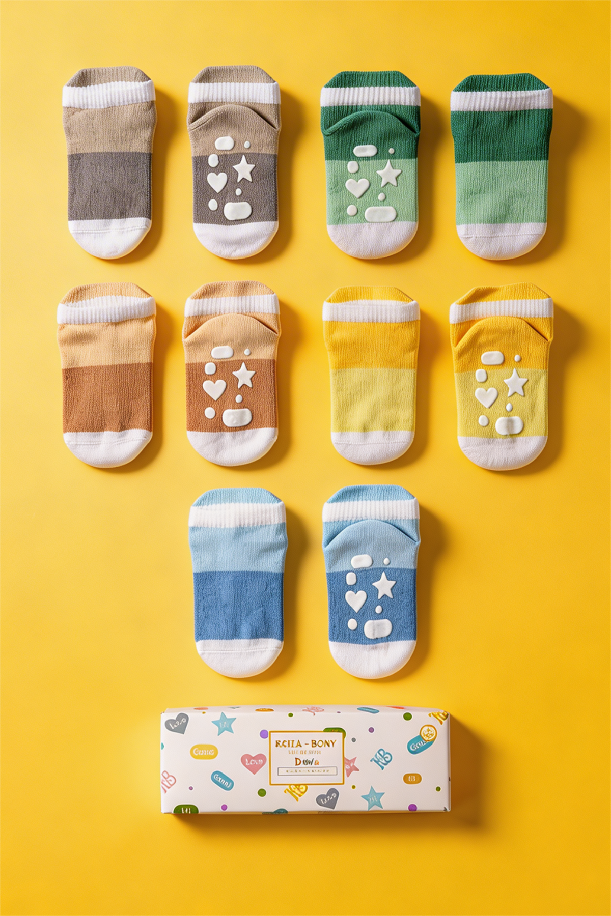 Bebek Şerit Desenli Tabanı Kalp Detaylı 5li Paket Kutulu Patik Çorap