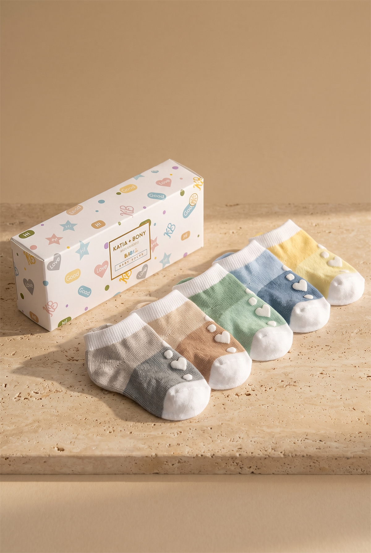 Bebek Şerit Desenli Tabanı Kalp Detaylı 5li Paket Kutulu Patik Çorap Mavi Mix