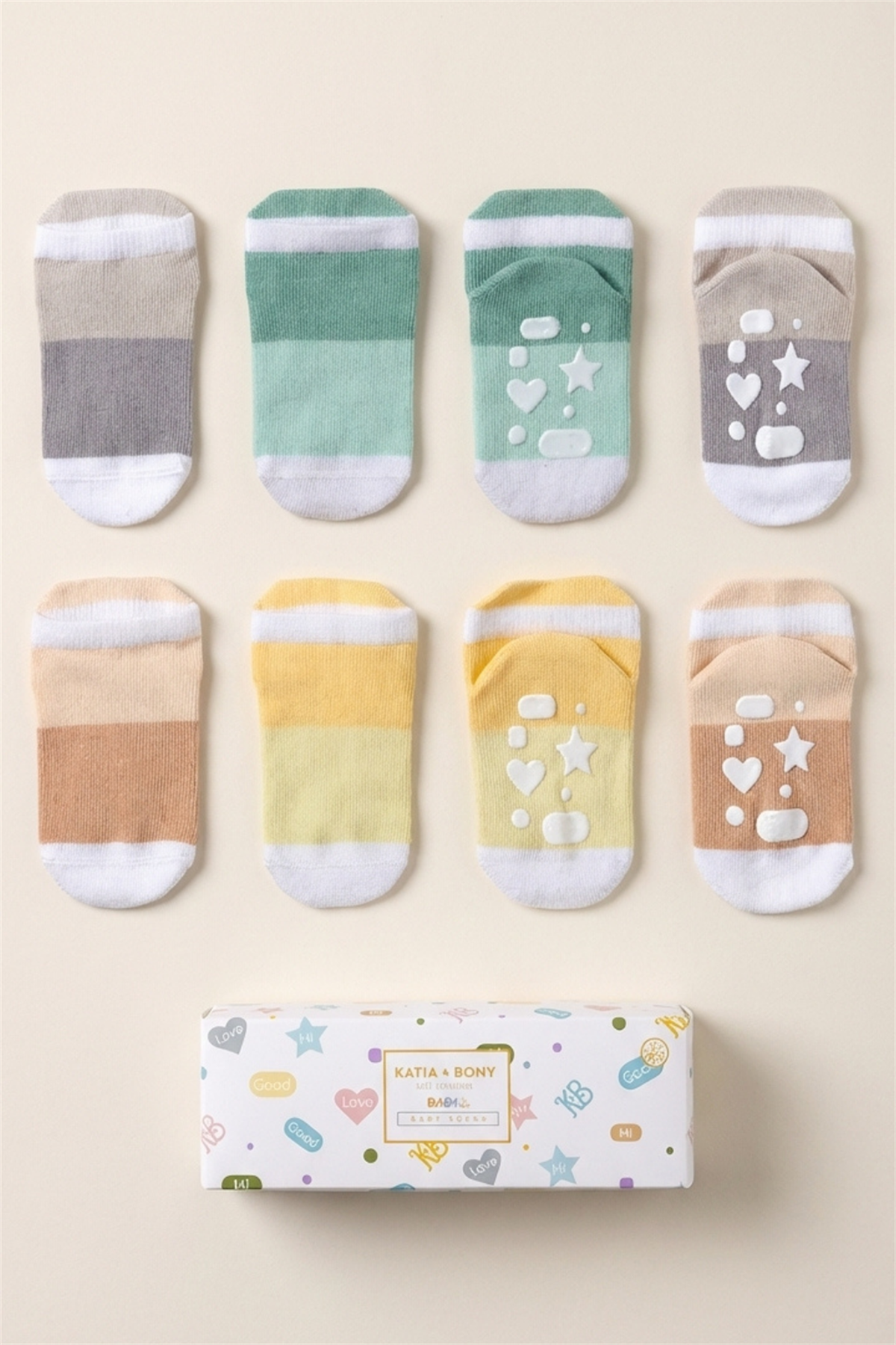 Bebek Şerit Desenli Tabanı Kalp Detaylı 5li Paket Kutulu Patik Çorap