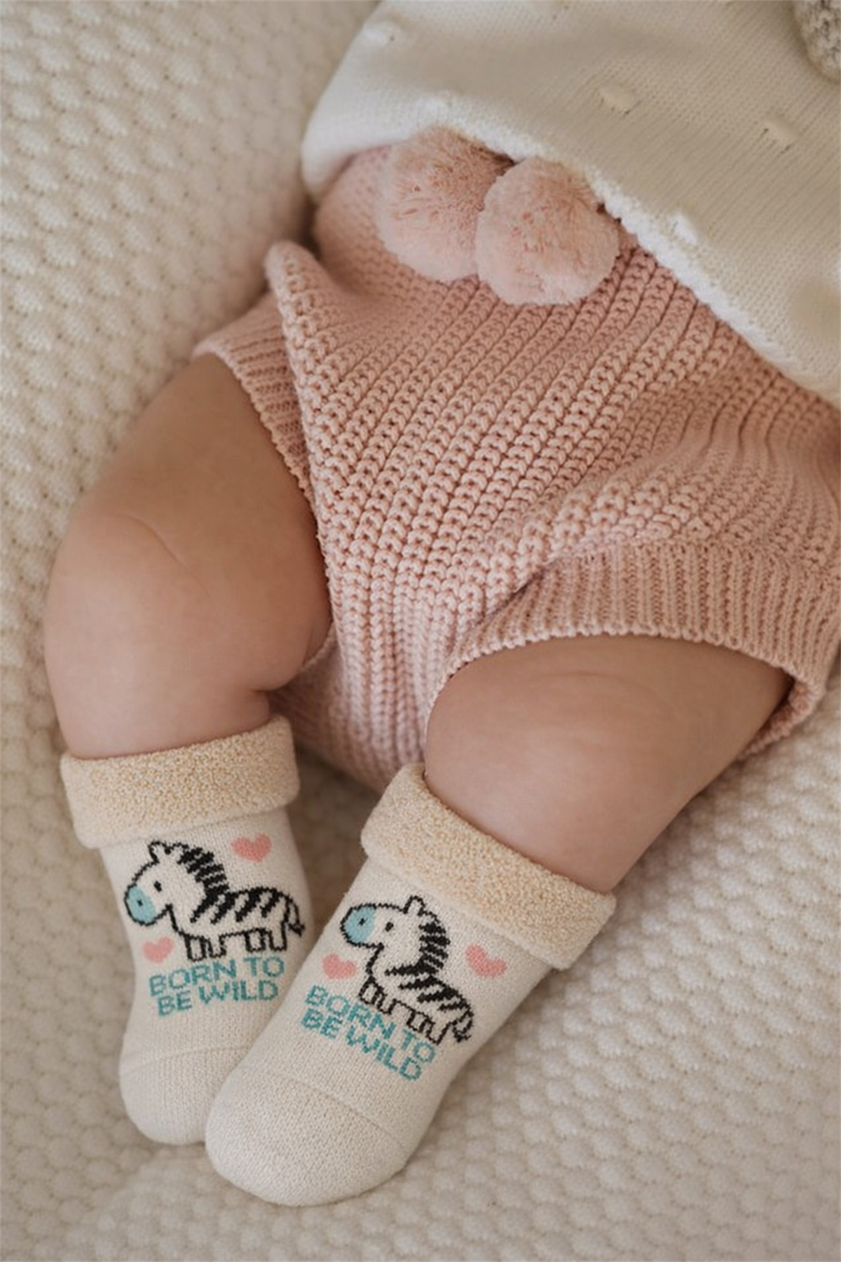 Bebek Zebra Desenli Havlu Soket Çorap Ekru Mix