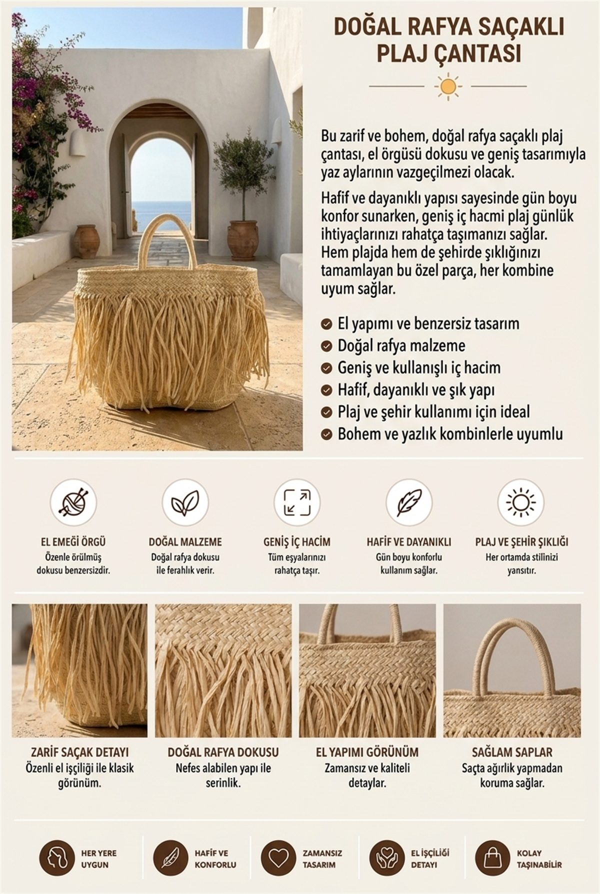 Bej Saçaklı Hasır Çanta