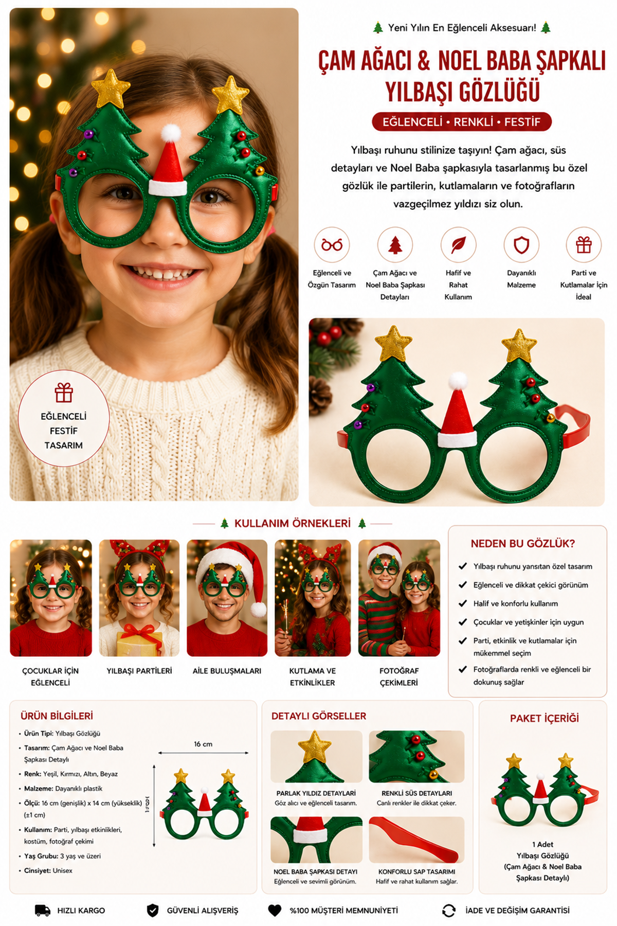 Çam Ağacı ve Noel Baba Şapkalı Aksesuarlı Yılbaşı Gözlüğü