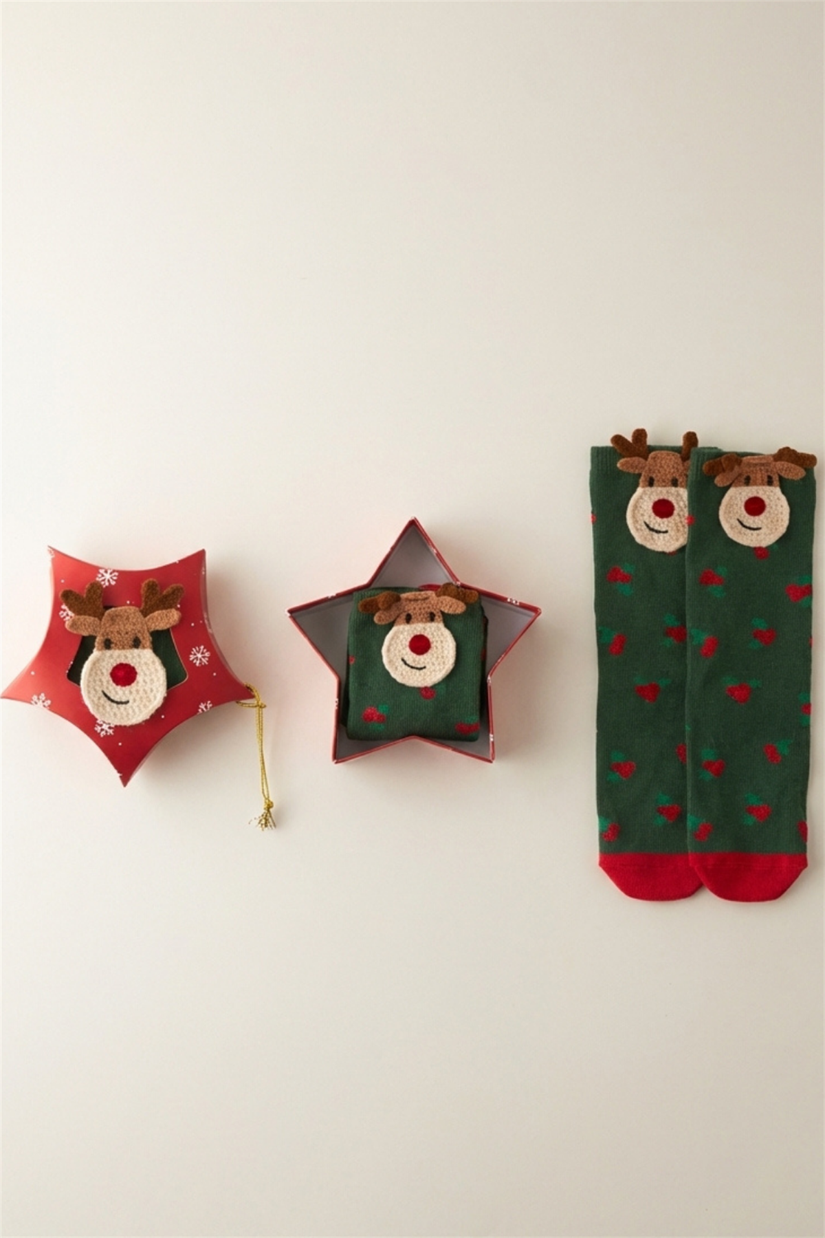Çocuk Geyik Desenli  Kutulu Yılbaşı Soket Çorap Yeşil