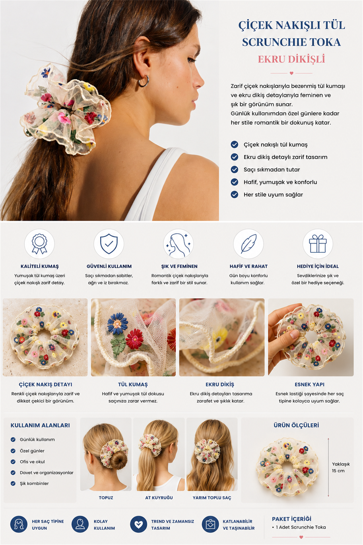 Çiçek Nakışlı Tül Scrunchie Ekru Dikişli Saç Tokası