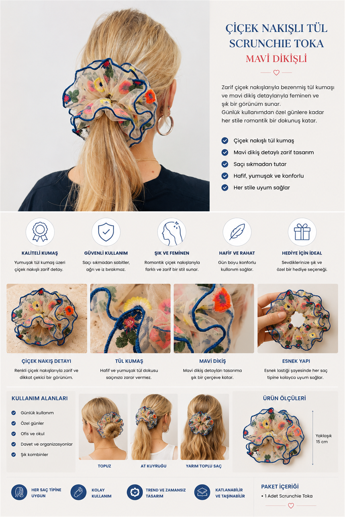 Çiçek Nakışlı Tül Scrunchie Mavi Dikişli Saç Tokası