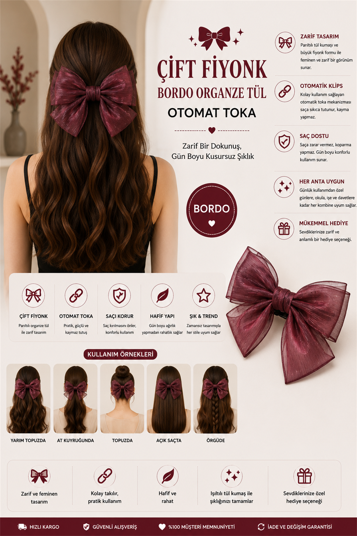 Çift Fiyonk Bordo Organze Tül Otomat Toka