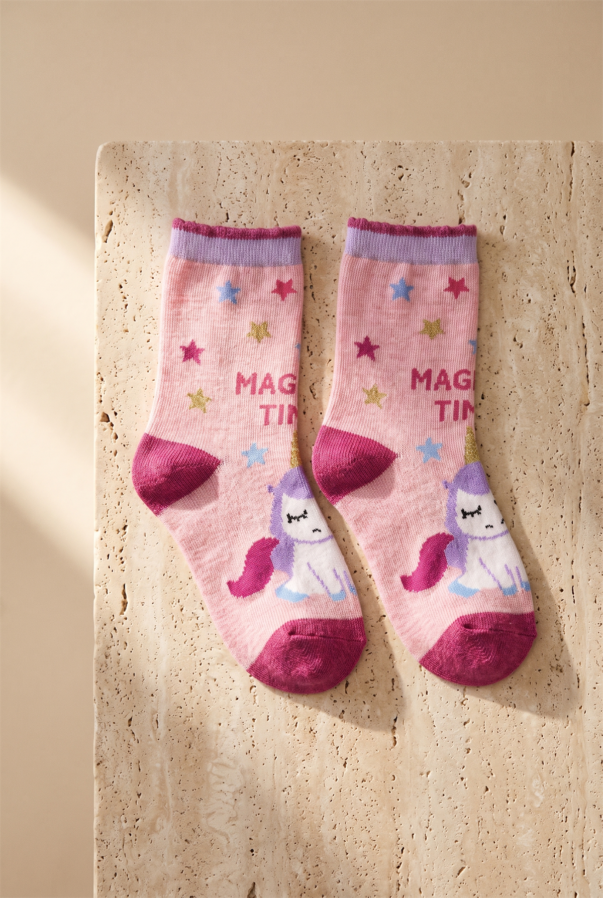 Striped Unicorn Patterned Light Pink Childrens Socks