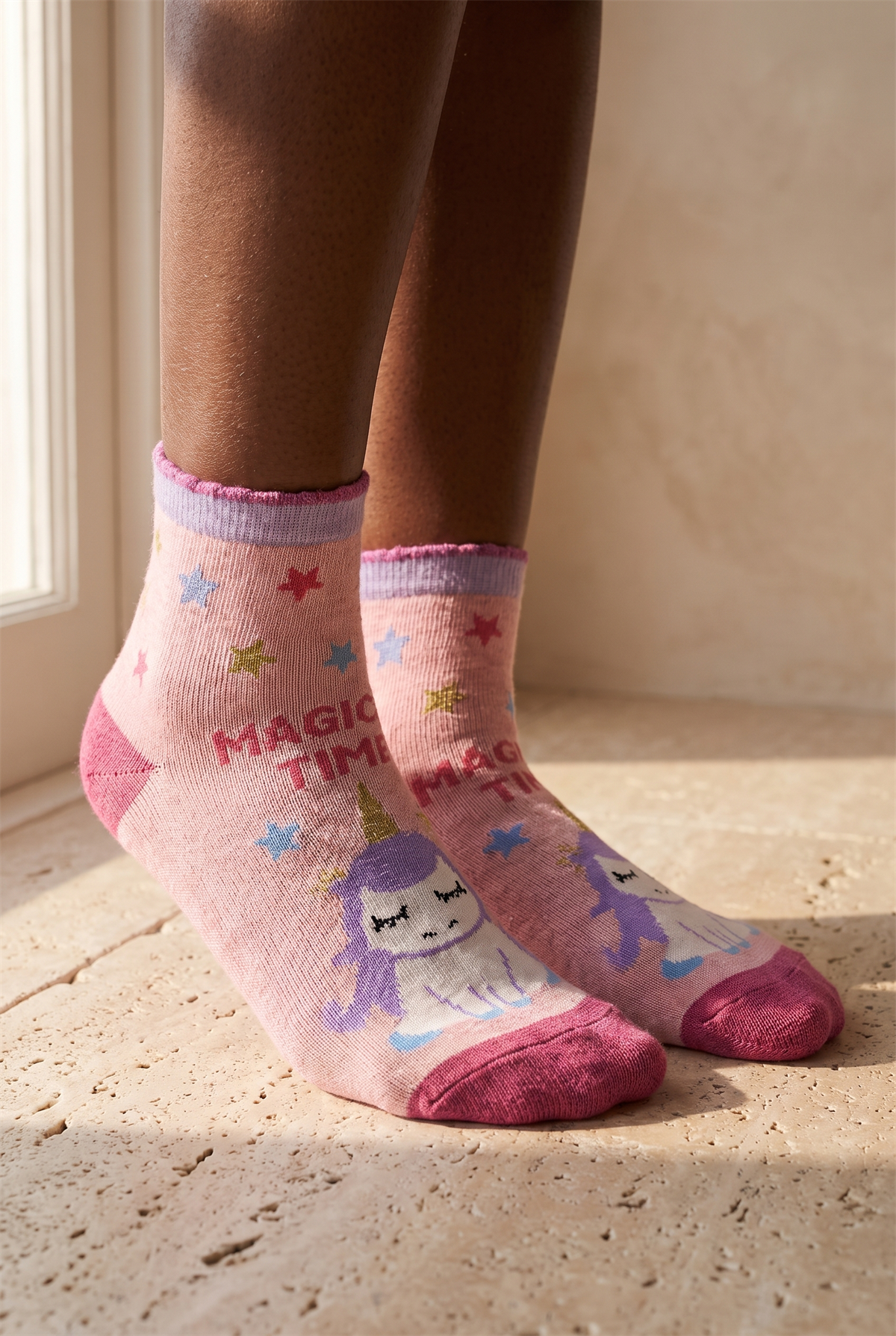 Striped Unicorn Patterned Light Pink Childrens Socks