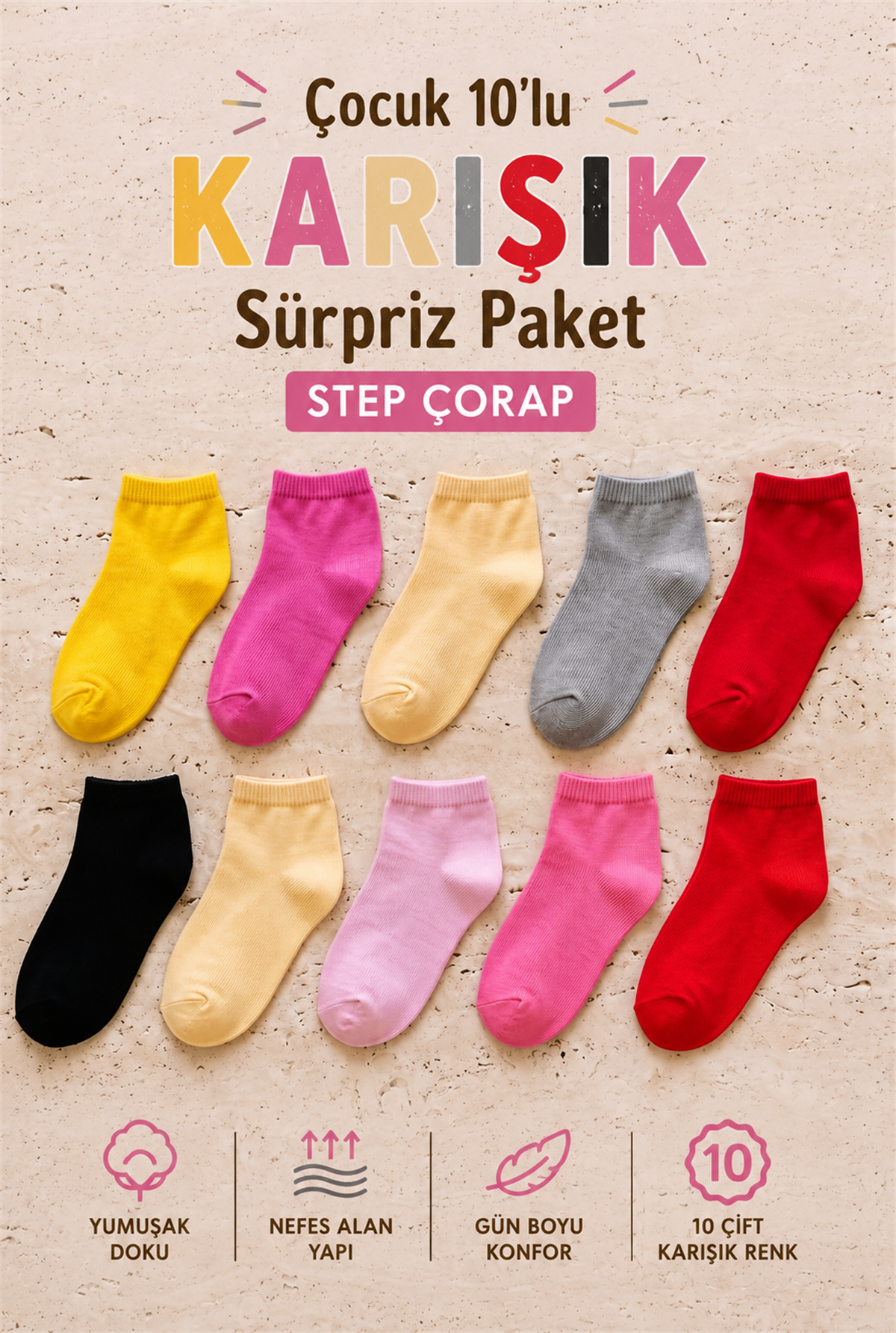 Çocuk 10lu Karışık Sürpriz Paket Step Çorap 