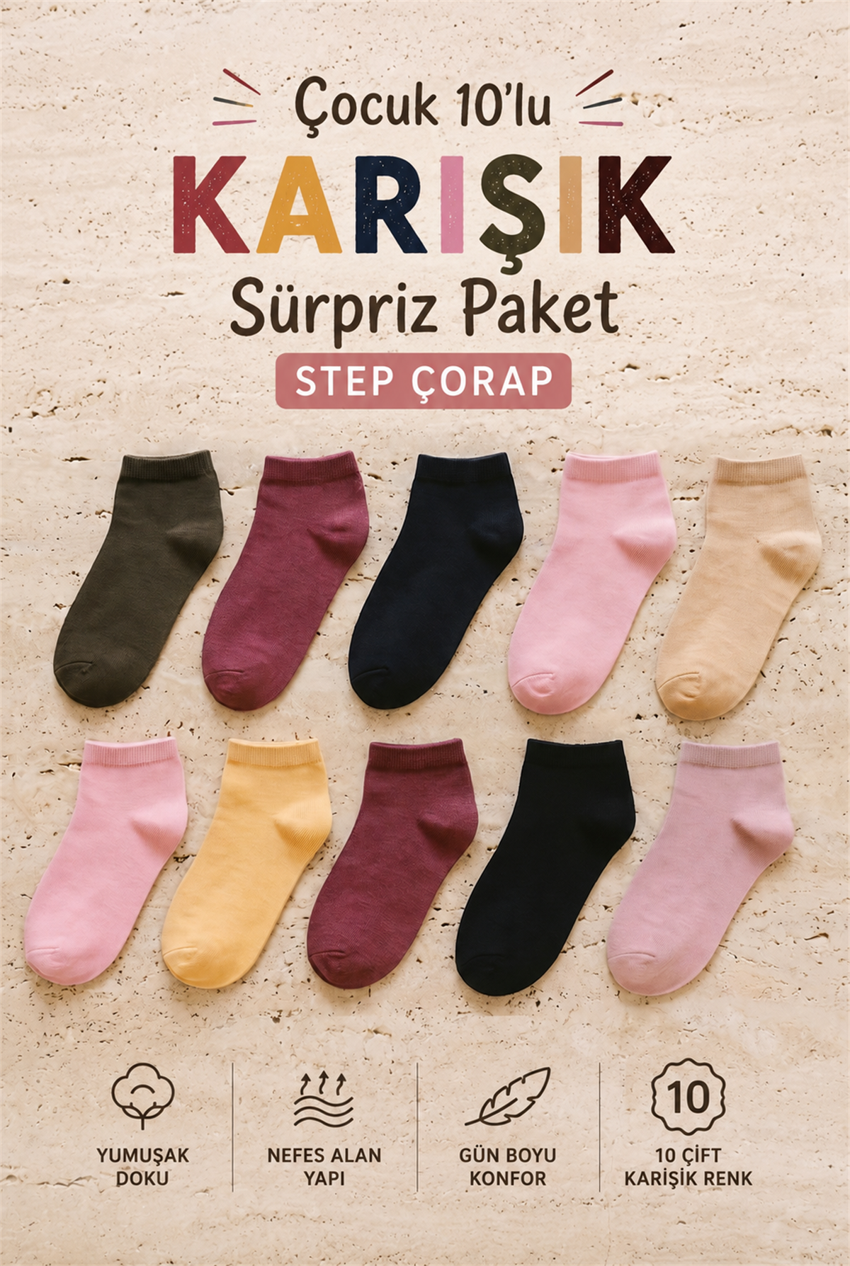 Çocuk 10lu Karışık Sürpriz Paket Step Çorap 